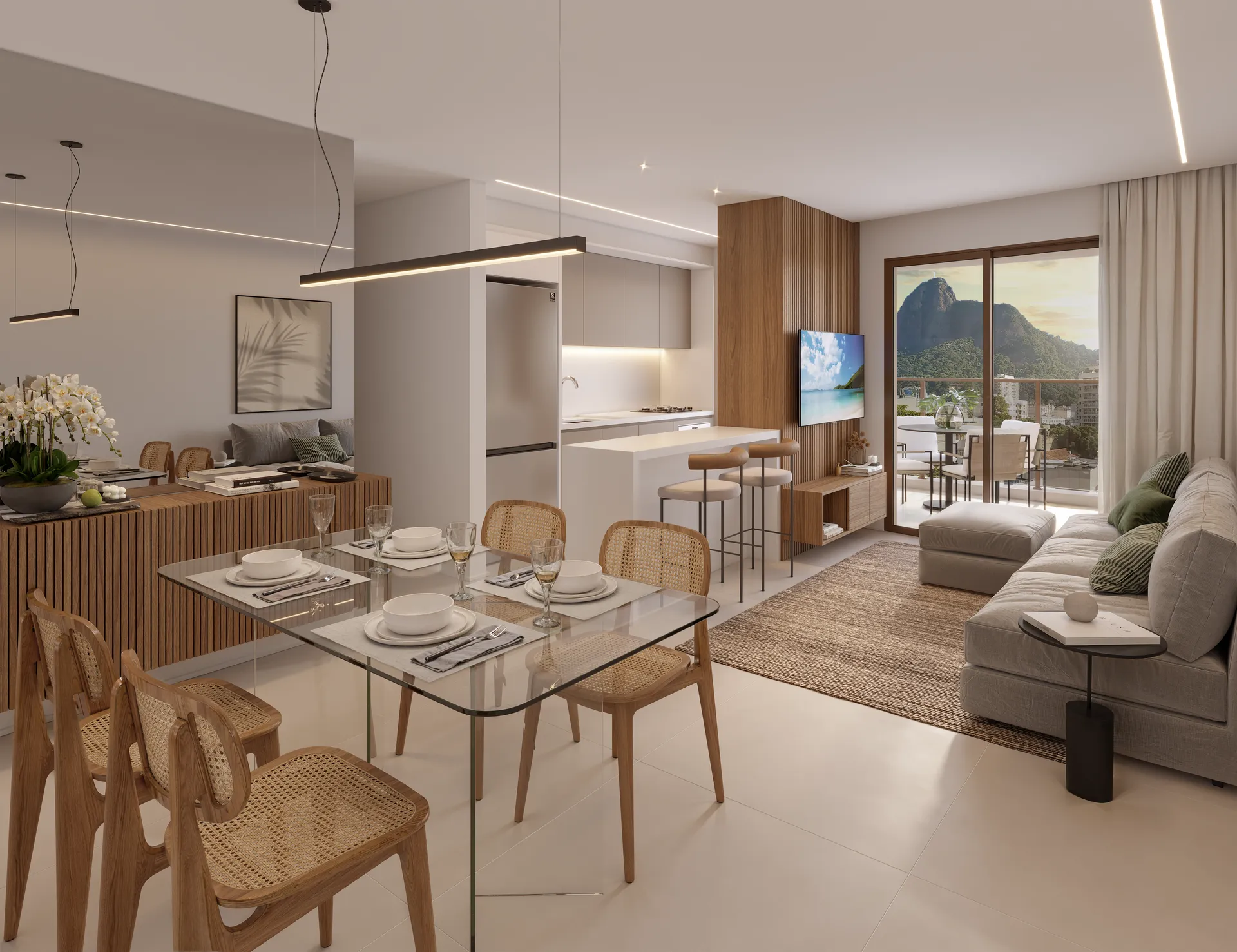 Sala e living integrados com acabamento premium do condomínio Guima Residencial Botafogo