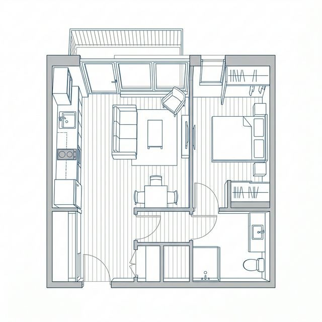 Planta humanizada do studio do Guima Residencial Botafogo com layout integrado